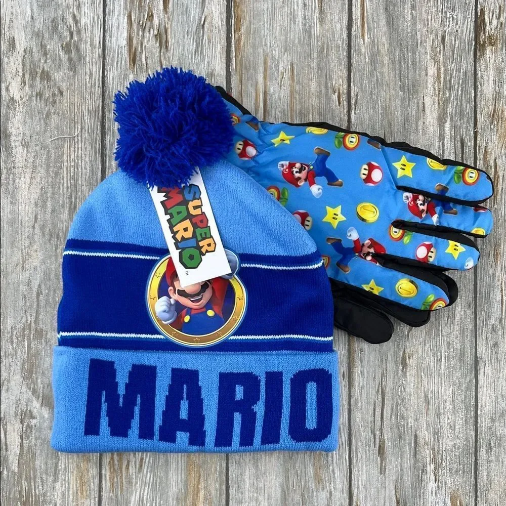 Super Mario & Sonic The Hedgehog Beanie Hat & Gloves 4-Piece Set